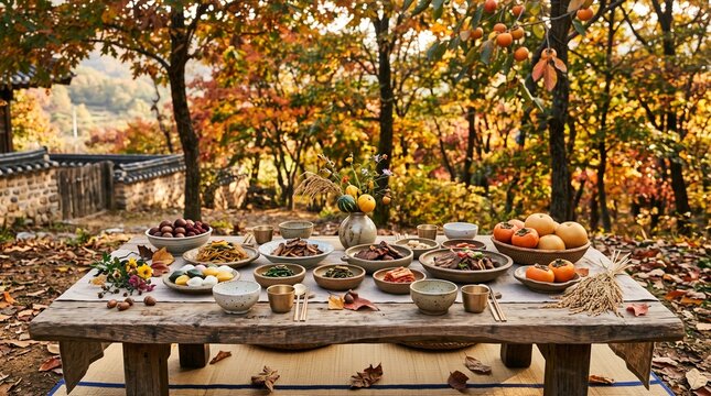 Traditional Korean Chuseok Harvest Feast Table Outdoors in Autumn Forest
