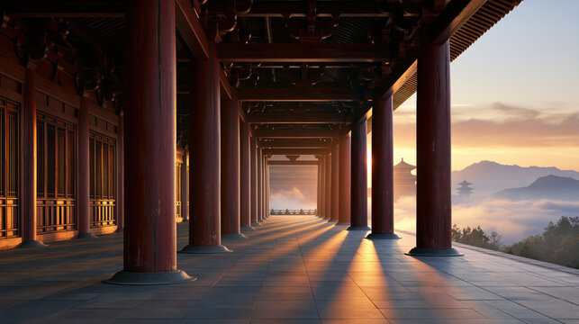 Ancient palace corridor at sunrise with mountain view and misty valley