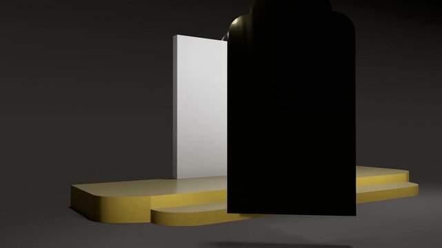 3D animation revealing Arabic Islamic stage with gold geometric panels, mashrabiya ornament and podium, phasing build effect, camera orbit left to center view
