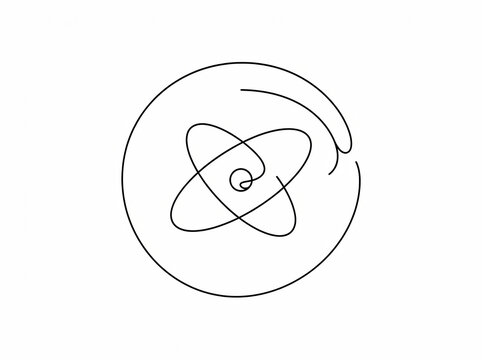 Minimalistic continuous line drawing illustrating a quantum atomic structure model, ideal graphic resource design for professional scientific projects.