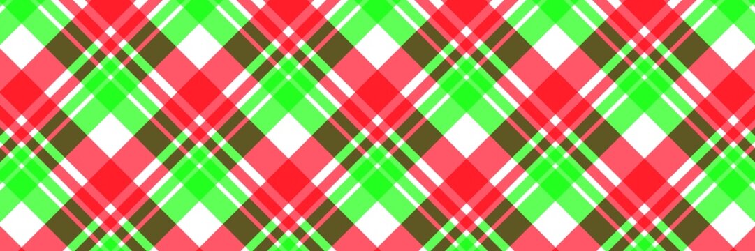 Christmas-themed seamless diagonal tartan plaid pattern with red, green, and brown lines on white. Perfect for vector wallpaper, festive fabric, or wrapping paper background