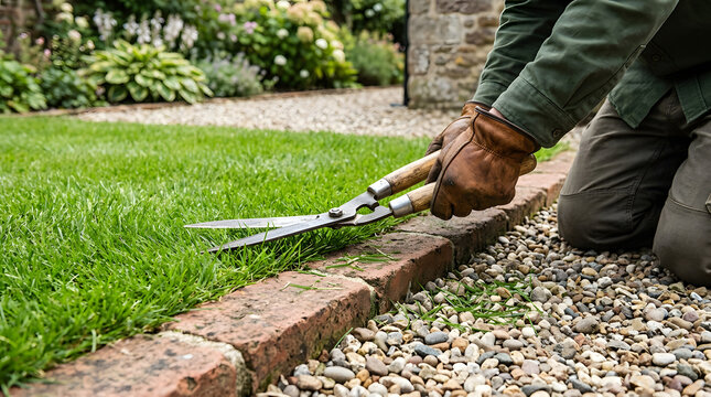 Gardener Trimming Lawn Edge with Manual Hand Grass Shears | Close Up of Person Edging Lawn Grass with Hand Shears | Precision Lawn Edging with Hand Shears Along Brick Border | Gardener Cutting Grass 