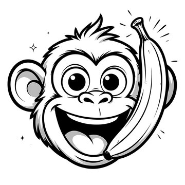 Cute cartoon monkey face illustration holding a ripe banana isolated on a white background