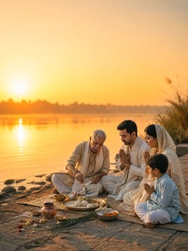 Indian family performing pitru paksha puja ritual near river at sunrise