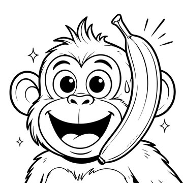 Cute cartoon monkey holding a banana for kids coloring page black and white line art vector illustration