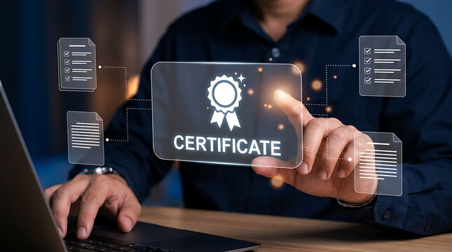 Businessman holding digital certificate with documents on computer interface