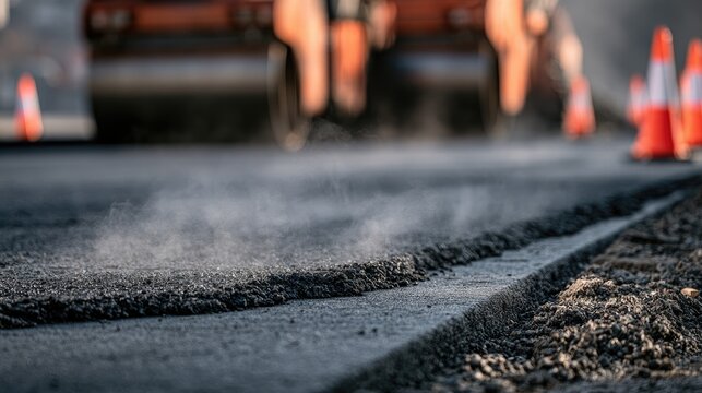 Road Construction Process with Heavy Asphalt Roller Machine.