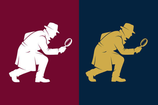 Detective holding a magnifying glass silhouette vector in white and gold options, perfect for investigation logos, security branding, and mystery themes.