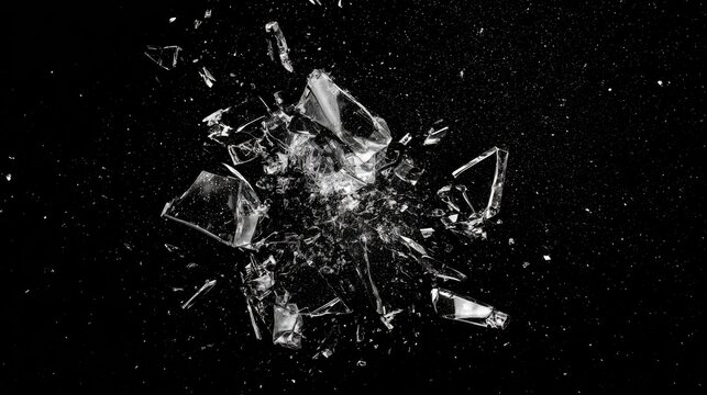 Exploding shattered glass fragments on a black background.