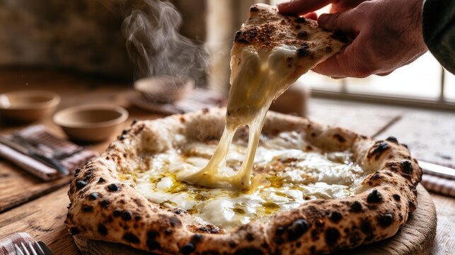 Freshly baked delicious four cheese pizza with melting cheese pull.