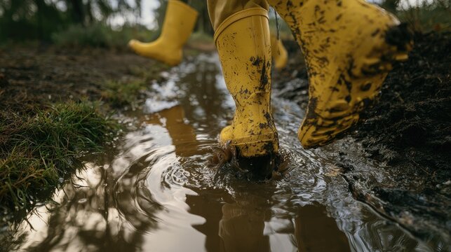 Child wearing yellow rain boots jumping in a muddy puddle.