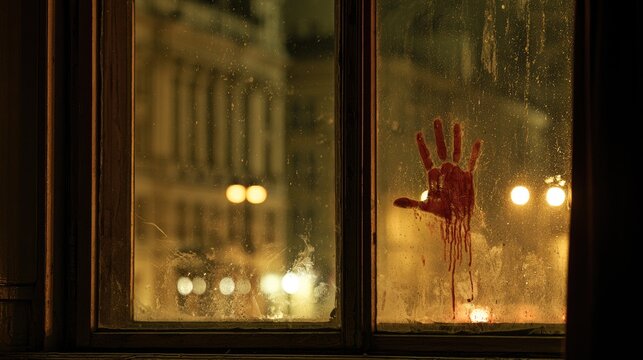 Bloody handprint on window glass at night with city lights.