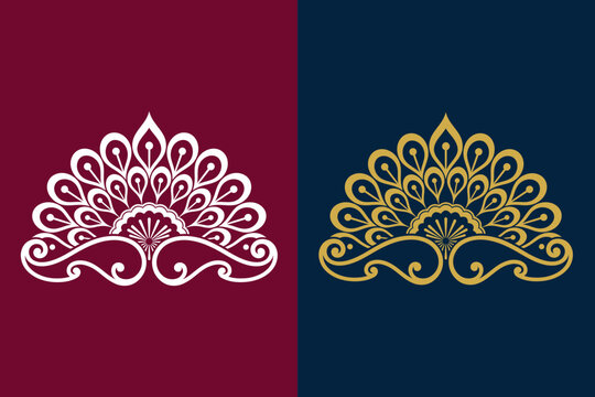 Intricate peacock tail motif vector in white and gold styles, ideal for luxury branding, ornamental invitations, henna art concepts, and traditional crest designs.