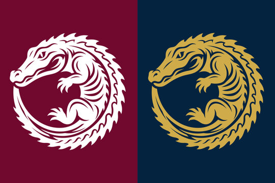 Stylized circular crocodile emblem vector in white and gold options, perfect for sports mascots, wildlife logos, and premium brand identities.