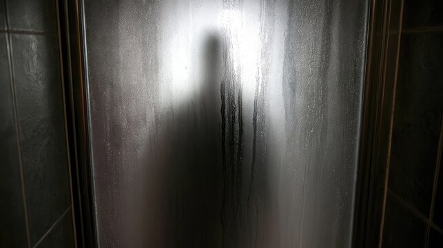 A spooky silhouette of a mysterious person standing behind a frosted glass door.