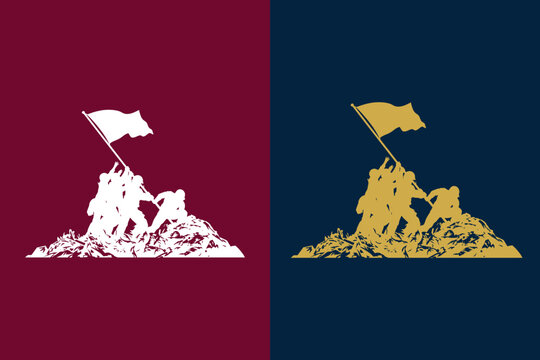 Heroic soldiers raising a flag silhouette vector in white and gold options, perfect for patriotic graphics, memorial day posters, and military honors.