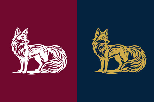 Elegant stylized fox logo design in white and gold silhouette options, featuring a bushy tail and refined fur details ideal for luxury branding and corporate visual identity assets.