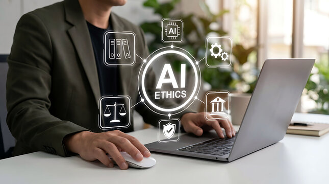 Professional man working on laptop with glowing AI ethics infographic concepts