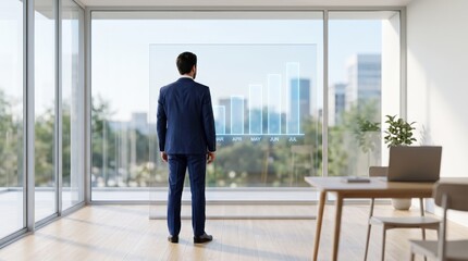 Fototapeta premium Businessman standing in modern office looking at futuristic transparent holographic bar chart display, analyzing monthly growth statistics and business performance data with city