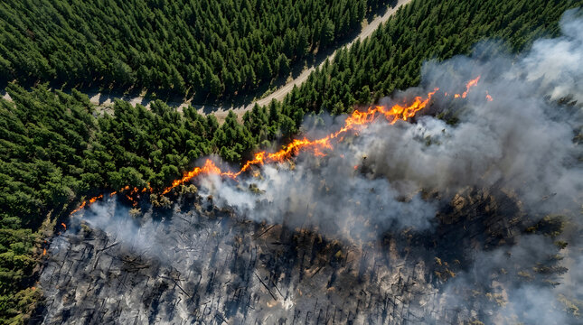 Aerial View of Intense Forest Fire and Heavy Smoke