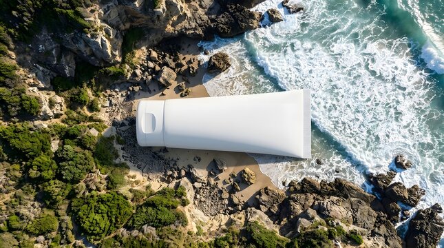 Blank white sunblock tube packaging mockup on sandy beach surrounded by ocean foam and rocks