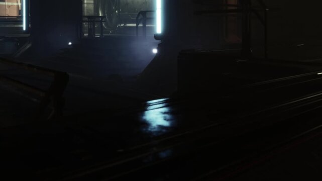 Water glistens on the floor in a dark industrial area. Soft light glows from neon fixtures. Shadows create depth and mystery. A sense of stillness fills the space during night hours.