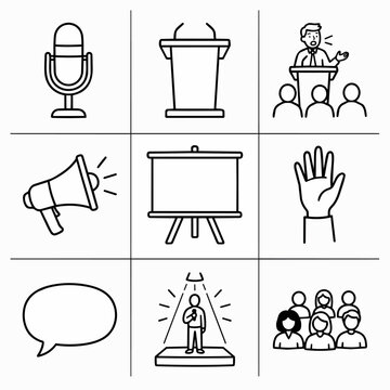 Collection of communication and presentation icons in line art style.