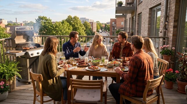 Group of friends enjoying barbecue party on rooftop terrace, summer outdoor gathering, young people eating grilled food and drinking beer, socializing and laughing together