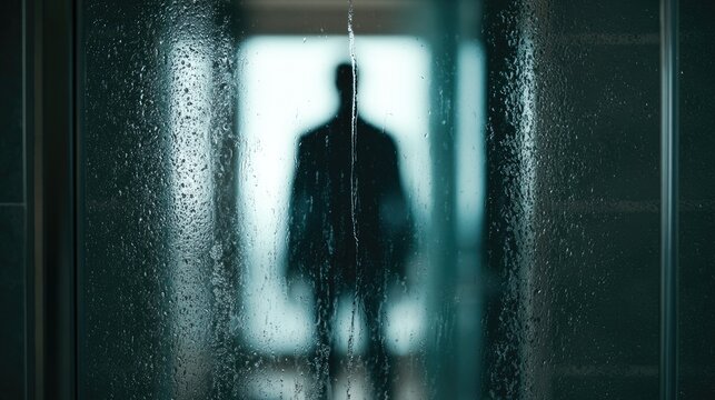 Mysterious silhouette of a man standing behind a rainy glass pane.
