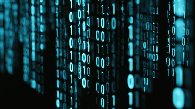 Abstract background with glowing blue digital binary code streams.