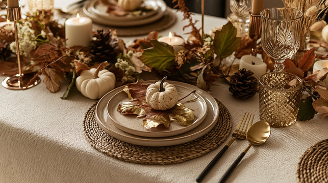 Elegant table set for an autumn or Thanksgiving meal, with decorative pumpkins, fall leaves, candles, and golden cutlery for a festive celebration