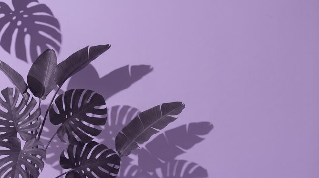 Tropical monstera leaves casting artistic shadows on purple wall, minimalist summer nature, exotic botanical decor pattern, creative lighting design element for wallpaper