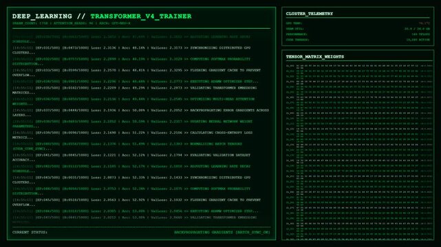 Deep learning transformer neural network training terminal screen.
