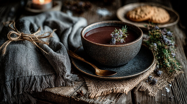 Dark ceramic bowl of hot chocolate with cookies and textile napkin on wooden surface