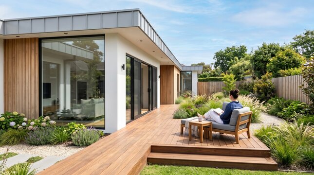 Woman relaxing on wooden deck of contemporary modern house with large glass windows and lush green garden landscape, peaceful outdoor living space architecture design featuring