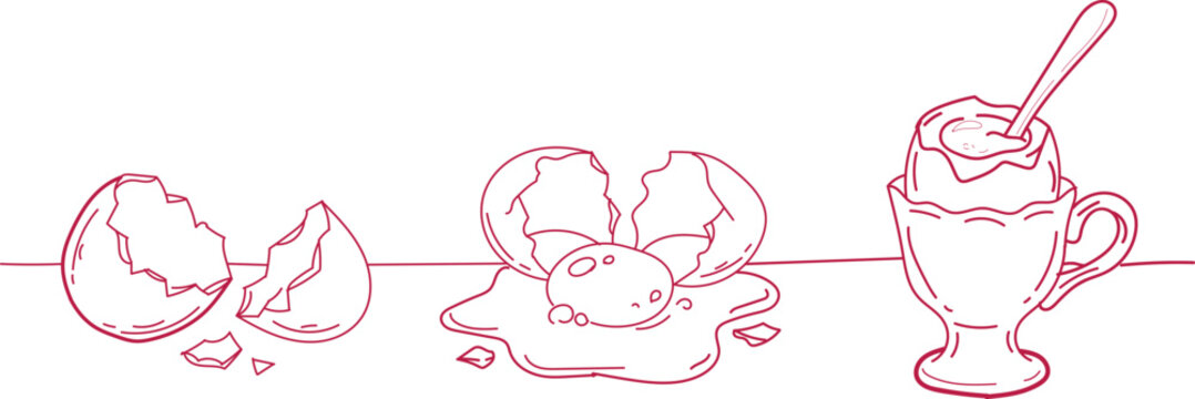 Broken eggshell sequence beside cracked egg with yolk and cooked egg in cup with spoon