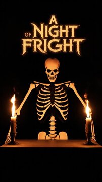 Human skeleton sitting between two flickering candles at a dark table during an eerie cinematic horror movie animation motion sequence