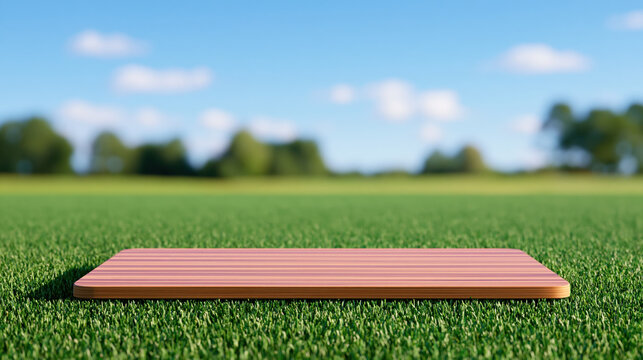 Wooden platform on green grass field with blurred sky and tree background, empty display background for product showcase
