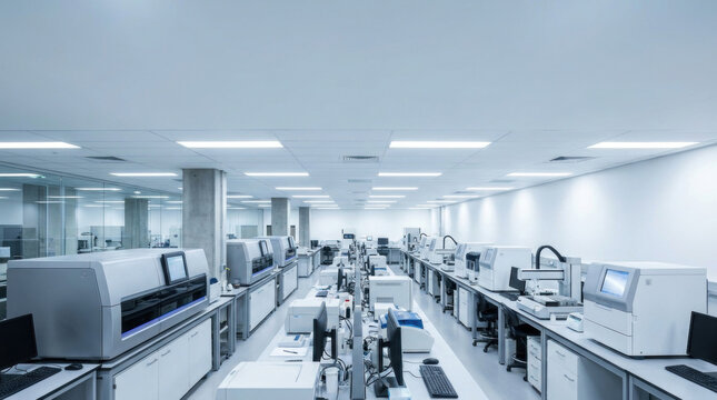 Modern empty laboratory interior with scientific equipment and computers. Biotechnology research facility with automated analyzer machines and white workstations. Science and medicine concept.