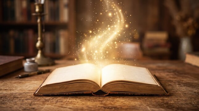 Open ancient book emitting magical golden light and sparkling dust on wooden desk, fantasy, mystery knowledge, fairy tale atmosphere, library, enchantment, glowing particles