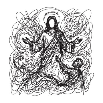 Abstract expressive sketch of Jesus Christ with open arms in a gestural scribble art style, religious spiritual illustration on white background.