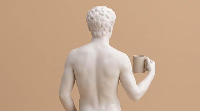 Back view of white classical statue resembling David holding a beige ceramic mug, surreal art blending antiquity with modern daily life, minimalism aesthetic, sculpture photography