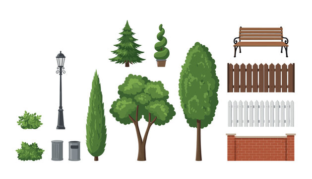 Park and garden landscape elements vector set with green trees wooden bench street lamp bushes fences and brick wall