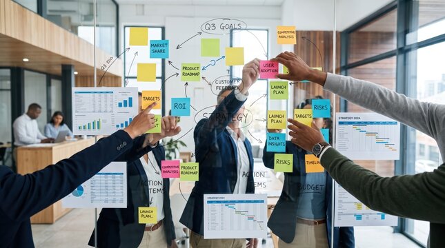 Diverse business team brainstorming strategy session around glass wall covered with sticky notes and charts, corporate planning meeting, collaborative teamwork, project management