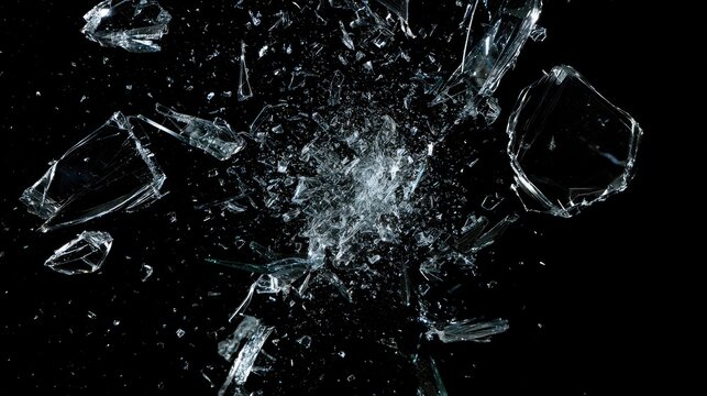 Explosion of shattered glass fragments on black background.