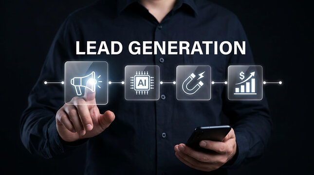 Businessman interacting with digital lead generation and AI marketing icons