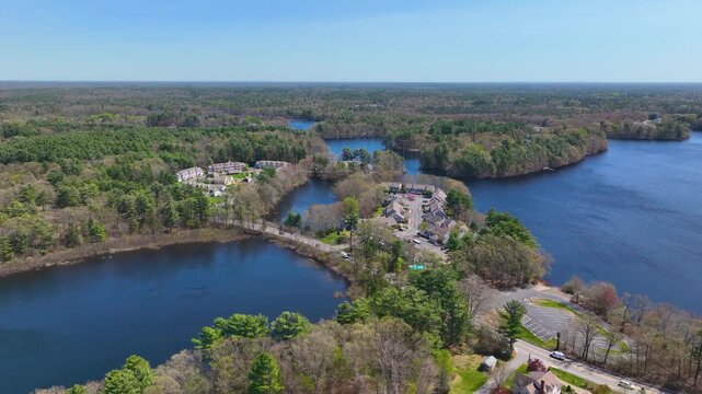 Watson Pond and Lake Sabbatia aerial view in spring in Watson Pond State Park in city of Taunton, Bristol County, Massachusetts MA, USA. 