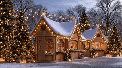 Fototapeta premium Charming Winter Holiday Market with Festive Lights and Snow