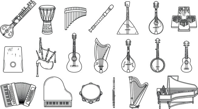 Traditional folk musical instruments vector icons set featuring sitar djembe pan flute bagpipes guitar accordion kalimba harp and piano on white background