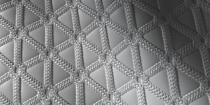 Light grey geometric quilted fabric texture displaying triangular braided rope grid pattern synthetic nylon material 3d metallic grey upholstery surface full frame macro photo design